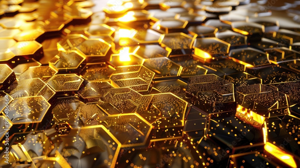 Poster abstract 3d golden honeycomb pattern with radiant reflections and intricate details