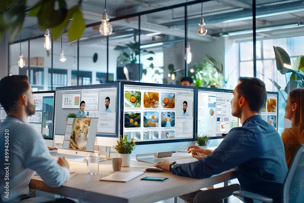 Aufkleber collaborative tech office with app developers working on vivid mockups under sleek lighting