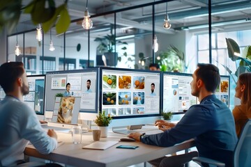 Collaborative Tech Office with App Developers Working on Vivid Mockups Under Sleek Lighting