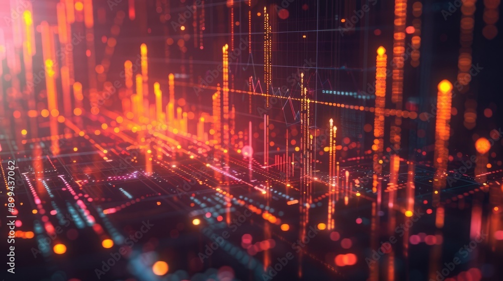 Poster abstract digital background with glowing investment charts and graph