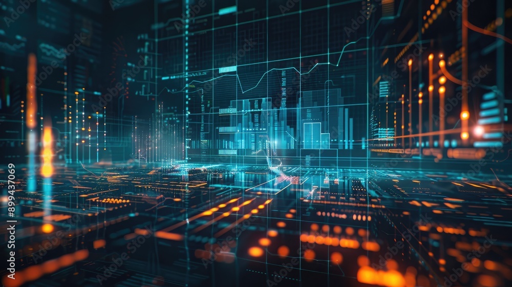 Poster abstract digital interface with investment charts and graphs, symbolizing financial analysis