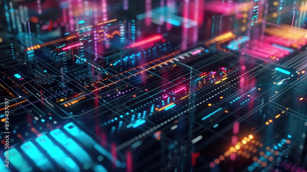 Poster abstract digital interface with vibrant investment charts and graphs
