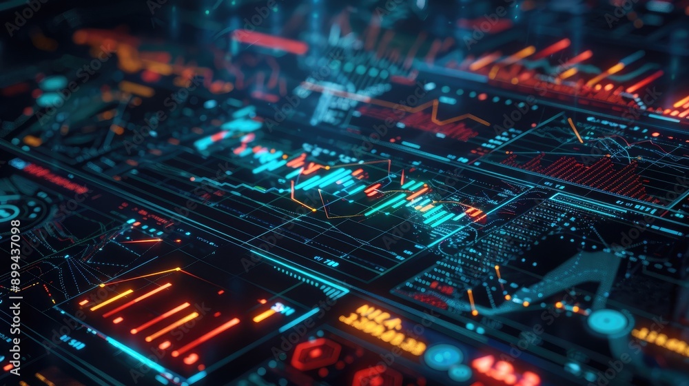 Poster abstract digital interface with vibrant investment charts and graphs