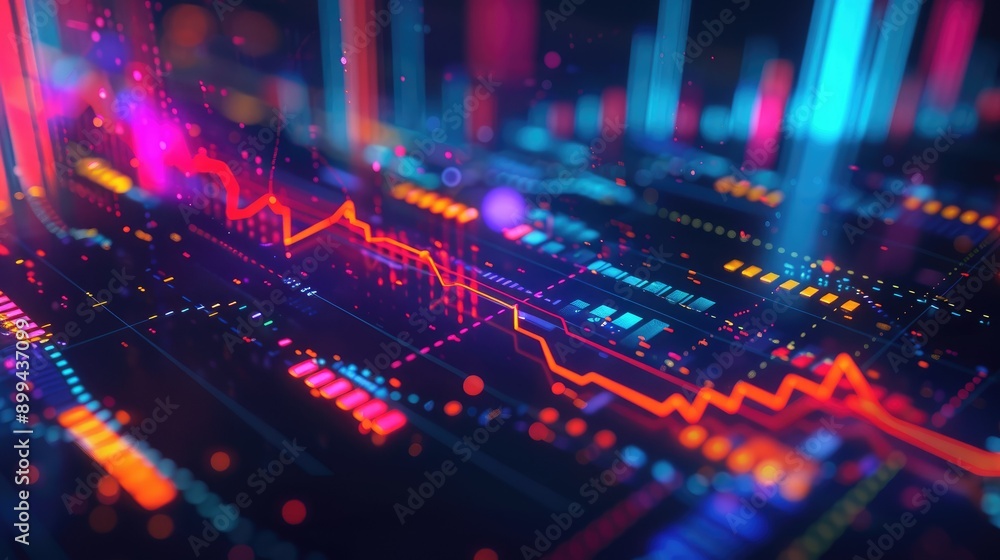 Poster abstract digital interface with vibrant investment charts and graphs