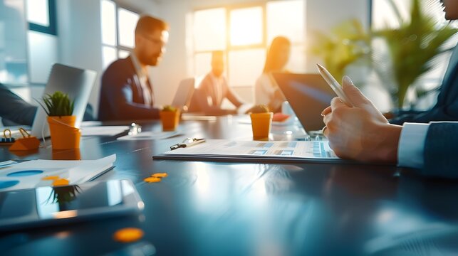 Specialized Project Management Consultants Discussing Business Strategies in Modern Office Boardroom