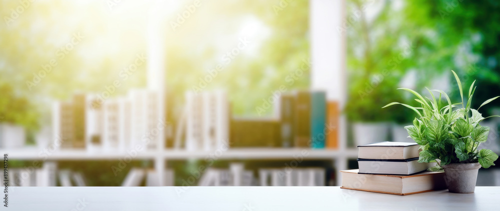 Aufkleber Stack of books on a desk with a green plant, and blurred bookshelf and sunlight from window background
