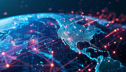 Digital Network Connections on a Blue Earth Globe With North America Highlighted