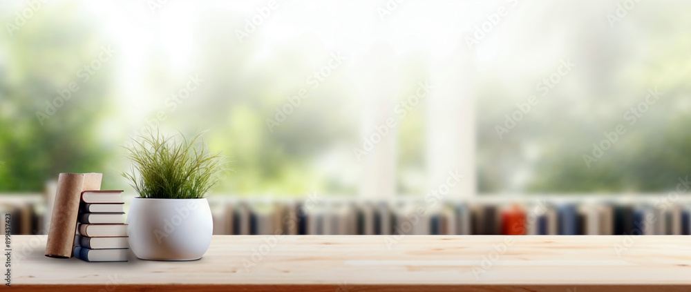 Poster empty wooden table with a stack of books and a green plant in a pot, blurred library and window back