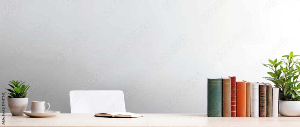Poster minimalist home office desk setup with a row of books, potted plants, and an open notebook