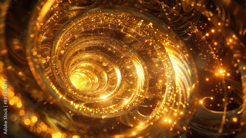 Poster dynamic abstract 3d golden vortex with intricate patterns and a mesmerizing glow
