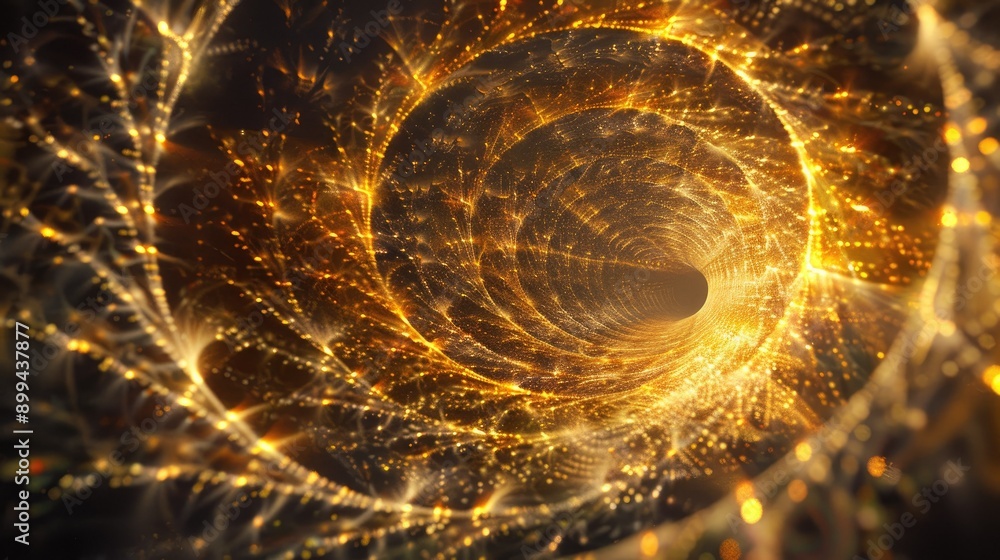 Poster dynamic abstract 3d golden vortex with intricate patterns and a mesmerizing glow