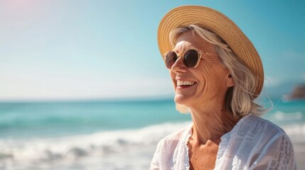 Elderly woman enjoying a sunny day at the beach, wearing a hat and sunglasses, smiling with the ocean in the background.