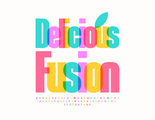 Vector colorful advertisement Delicious Fusion. Bright Elegant Font. Modern Alphabet Letters and Numbers set.