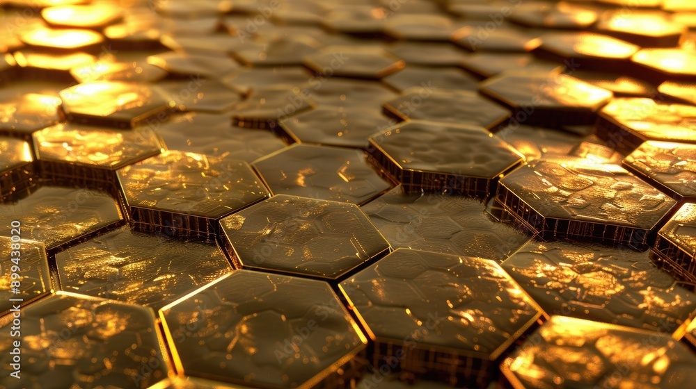 Poster elegant 3d golden hexagonal grid with a sophisticated and abstract design, gleaming brightly