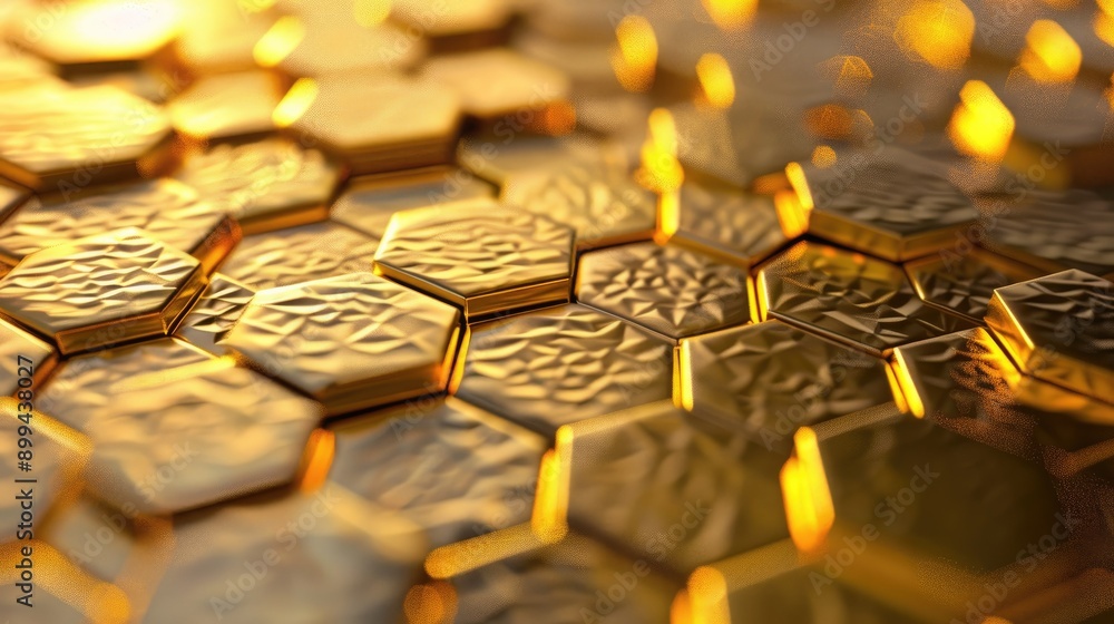 Poster elegant 3d golden hexagonal grid with a sophisticated and abstract design, gleaming brightly