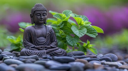 Serene Buddha statue in a zen garden setting with fresh green leaves, promoting a sense of peace and tranquility through simplicity and nature.