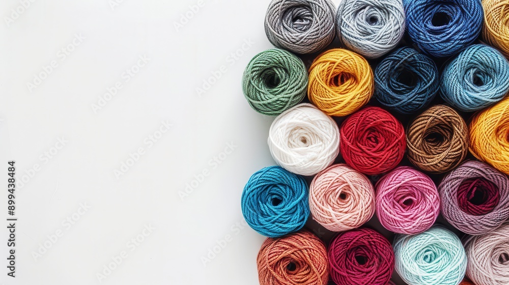 Poster a vibrant array of yarn rolls is neatly organized in a grid on a white background, providing a perfe