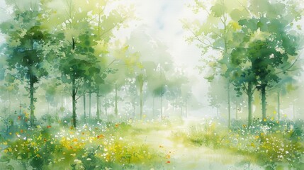 Obraz premium Soft and serene watercolor painting of a lush, green forest with dappled light filtering through the trees and wildflowers blooming.