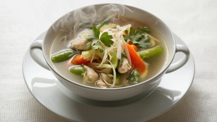 A bowl of soup with vegetables and meat in it on a white plate, AI