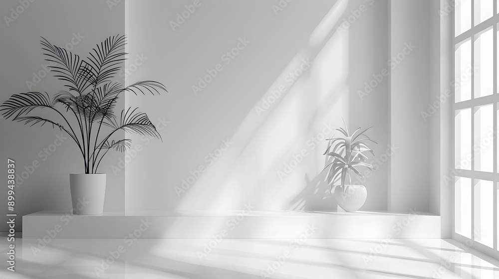 Wall mural minimalist white backdrop for sleek product presentation with natural lighting and greenery accents