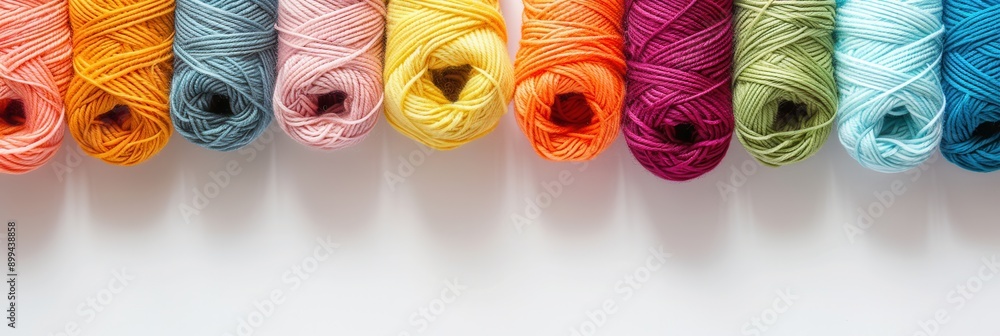 Poster brightly colored yarn rolls neatly arranged in a grid on a white background, offering a vibrant pale