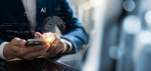 Social networking technology, global internet, businessman using laptop and smartphone Connect digital networks and access global big data, AI software development and data exchange. Cloud computing.