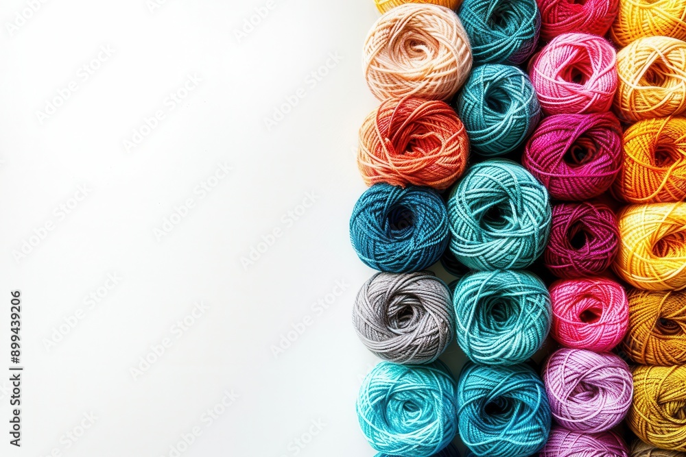 Fototapete brightly colored yarn rolls are neatly arranged in a grid on a white background, with ample space fo