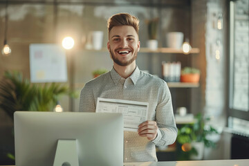 Fototapeta premium Smiling man holding document in bright modern office