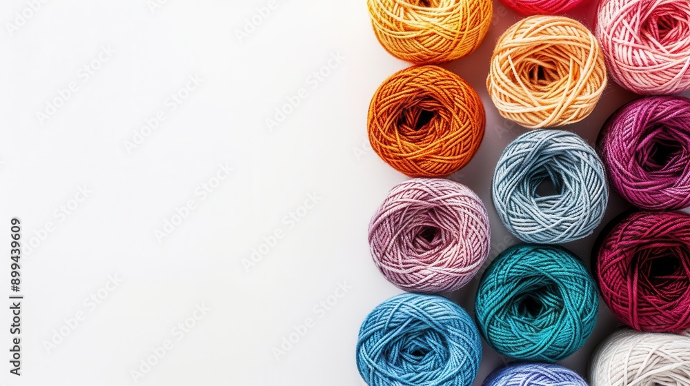 Leinwandbilder a vibrant grid of colorful yarn rolls sits on a clean white background, providing ample space for cr