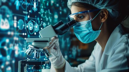 Female scientist examining samples through a microscope in a modern laboratory, with digital data overlays and scientific visuals.