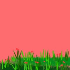 Green grass with flowers on red background. Hand drawn nature background