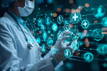 Healthcare professional using futuristic digital interface for medical data analysis and patient care improvement.