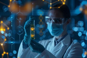 Scientist conducting research in a laboratory with futuristic digital interface. Genetic engineering and scientific innovation concept.