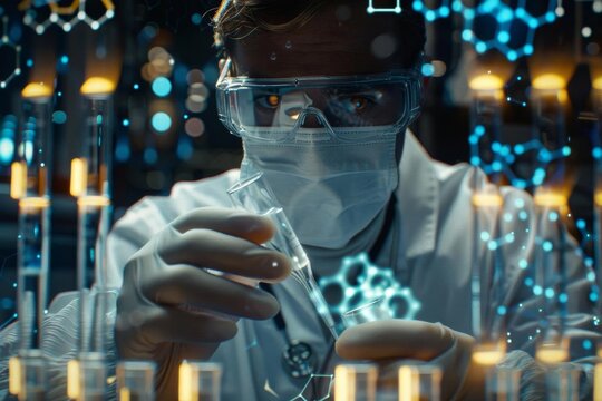 Scientist in laboratory conducting experiment wearing protective gear, surrounded by lab equipment and scientific data visualization.