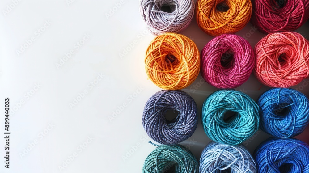 Poster vibrant yarn rolls are neatly organized in a grid, providing an inviting canvas for crafting and cre