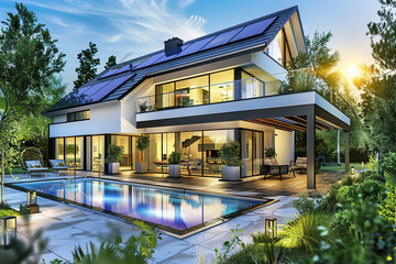 Fototapeta premium Modern house with solar panels and swimming pool in backyard under full moon