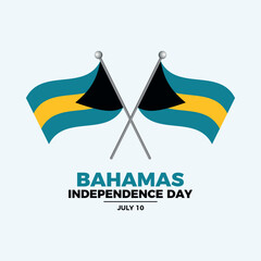 Bahamas Independence Day poster vector illustration. Two crossed Bahamas flags on a pole icon. Bahamian waving flag symbol. Template for background, banner, card. July 10. Important day