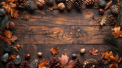 autumn table decor, a wooden table decorated with acorns and pinecones, featuring a thanksgiving day banner and space for text, creating an autumn ambiance