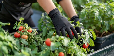 Fototapeta premium A person wearing gloves harvesting ripe tomatoes from plants on a sunny balcony garden.