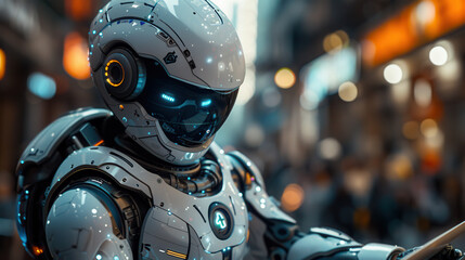 Fototapeta premium Futuristic Humanoid Robot with Glowing Blue Eyes in a Vibrant Cityscape, Showcasing Advanced AI Technology and Cyberpunk Aesthetic in a Bustling Urban Environment
