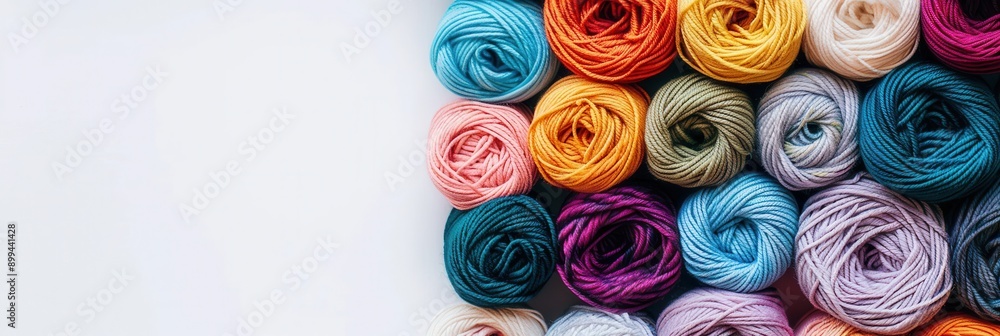 Aufkleber A vibrant grid of multicolored yarn rolls is displayed on a clean white background, providing ample space for creative text and design elements. Generative AI