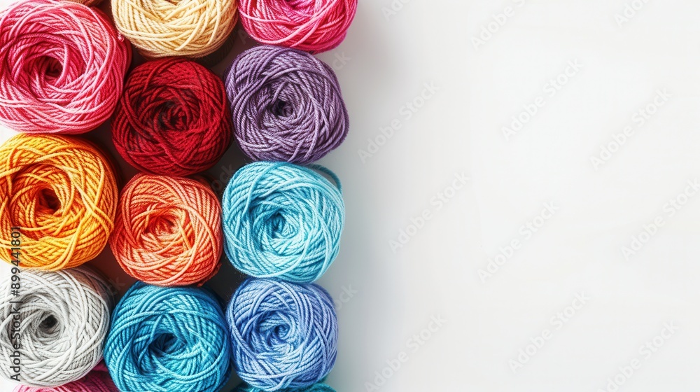 Poster a grid of vibrant yarn rolls rests on a white background, providing ample space for text, perfect fo