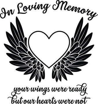 In Loving Memory vector design with heart and angel wings memorial quote, Rest in Peace vector clip art
