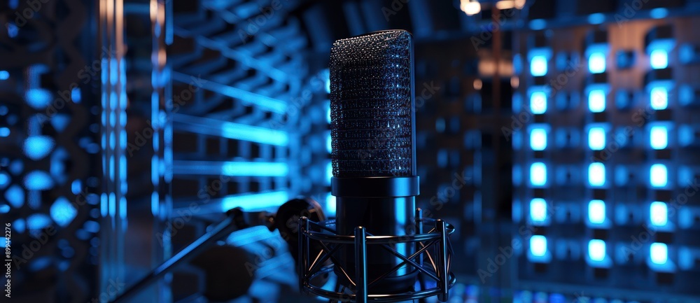 Poster a closeup view of a microphone in a recording studio illuminated by blue light