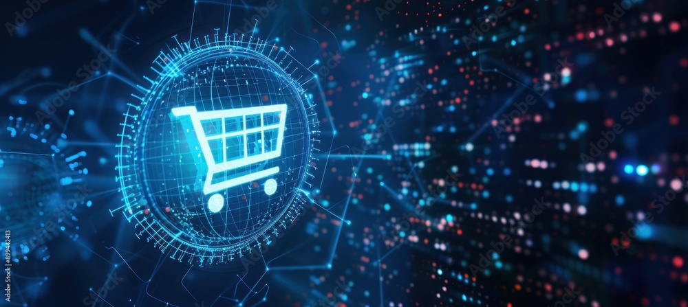 Poster A glowing shopping cart icon within a digital sphere surrounded by abstract lines and lights