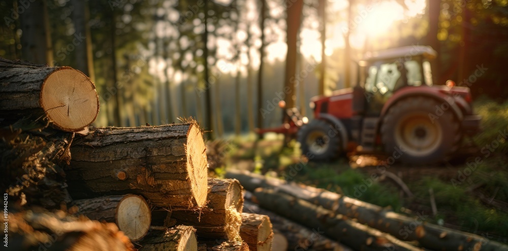 Aufkleber a pile of cut logs in a forest with a tractor in the background