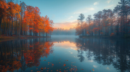 Peaceful Lake Surrounded by Autumn Trees with Vibrant Colors Reflecting on Calm Water During a Misty Morning. Background