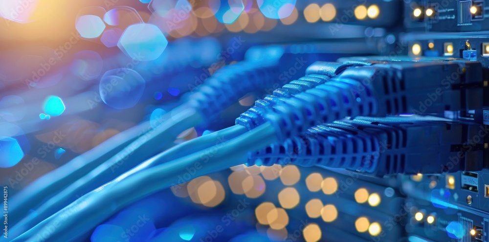Poster Closeup of blue network cables connected to server racks in a data center