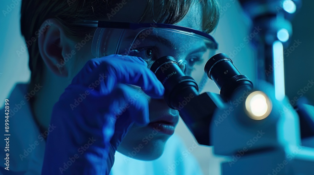 Poster A young person examining a sample under a microscope in a laboratory setting