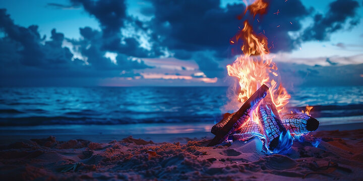 Electric Beach Bonfire:Feel the vibrant energy of a beach bonfire under the stars, where flames dance in vivid blues and purples